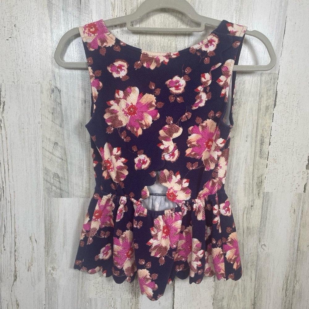 Anthropologie Peplum Petite Small Navy Multi Floral Scalloped Hem Sleeveless Top - Picture 5 of 8